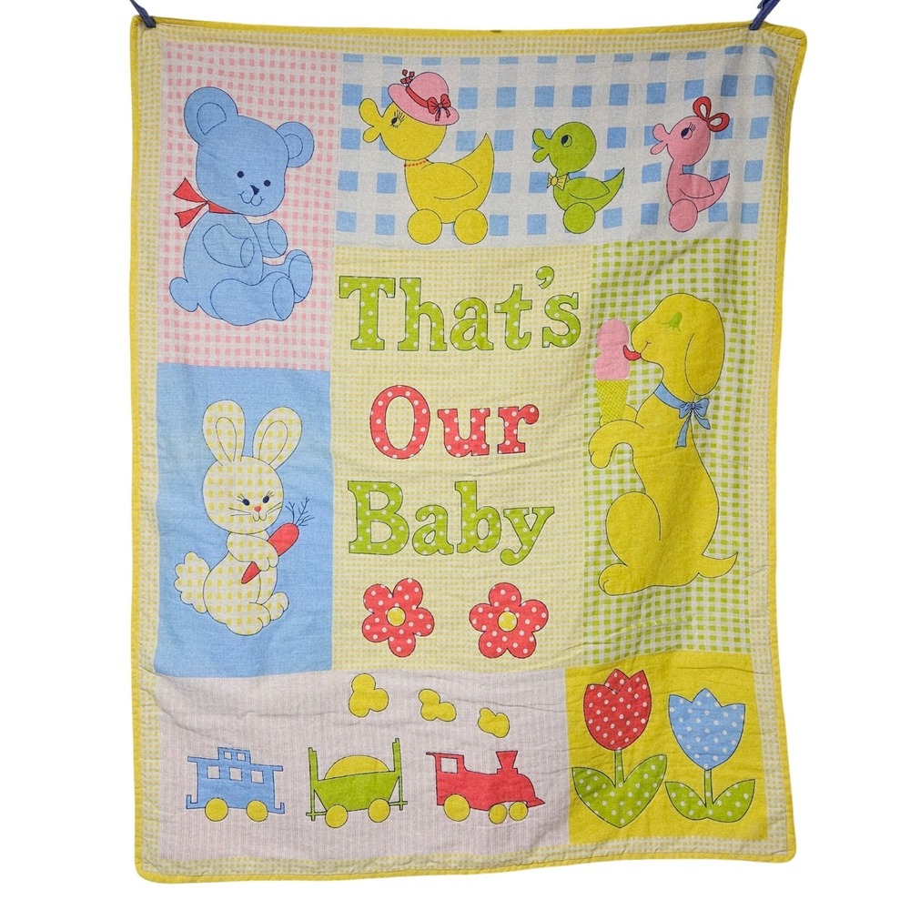 Vintage Thats Our Baby Quilt Blanket Gingham Animal Patchwork Yellow Blue Retro